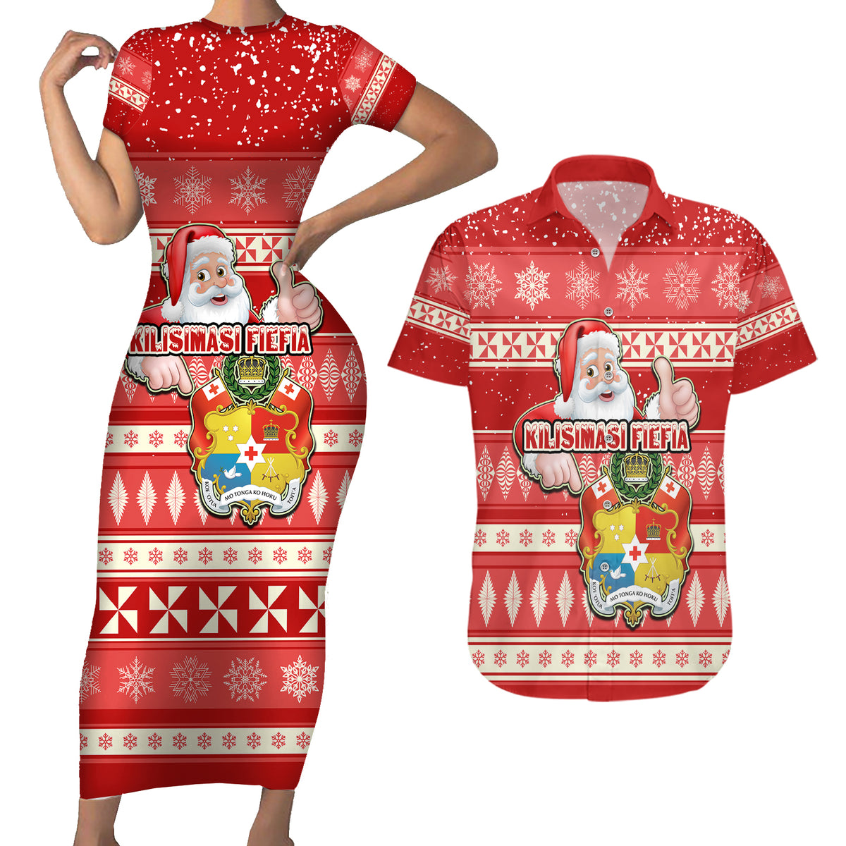 Custom Tonga Christmas Couples Matching Short Sleeve Bodycon Dress and Hawaiian Shirt The Santa Coat of Arms with Ngatu and Snow Pattern LT03 Red - Polynesian Pride