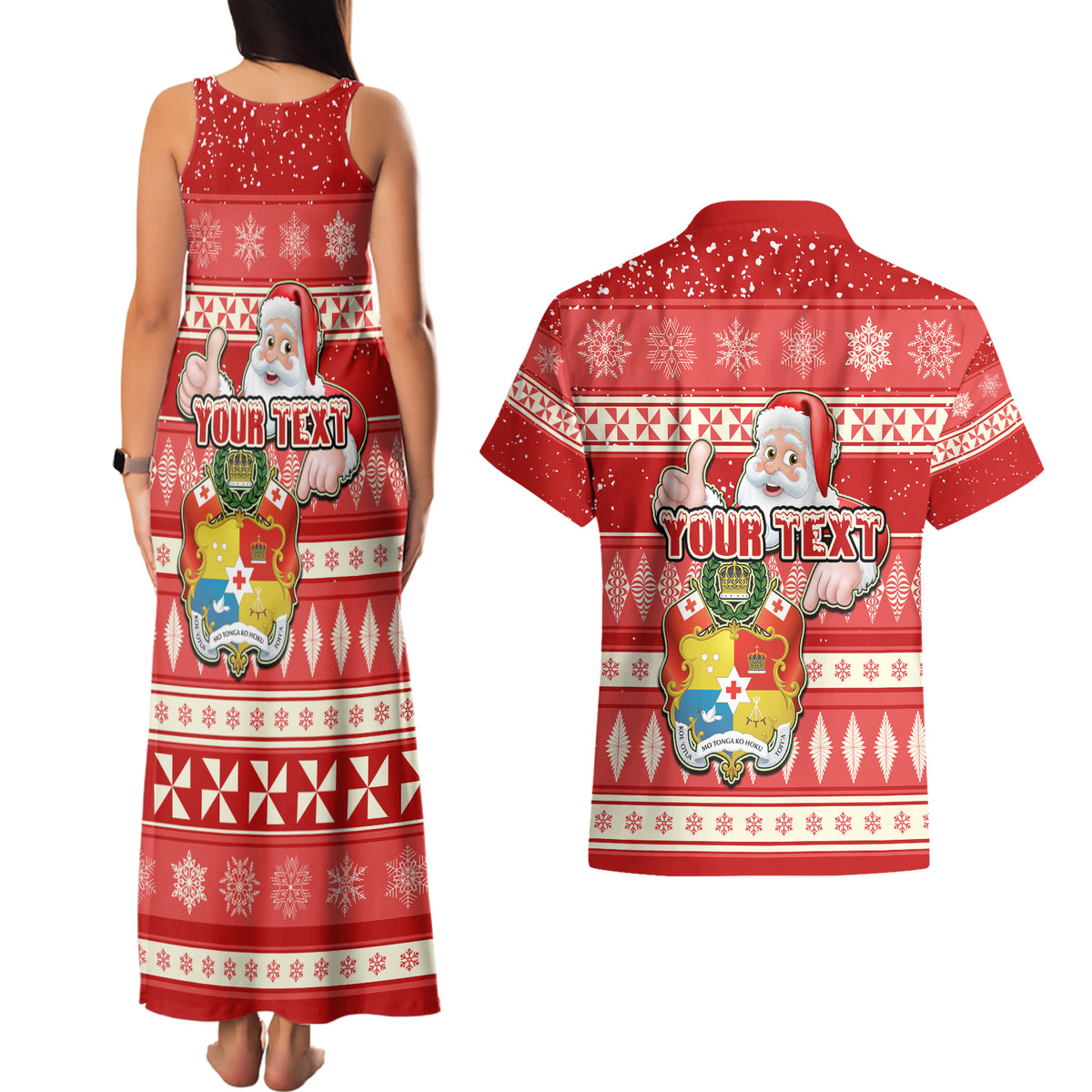 Custom Tonga Christmas Couples Matching Tank Maxi Dress and Hawaiian Shirt The Santa Coat of Arms with Ngatu and Snow Pattern LT03 - Polynesian Pride