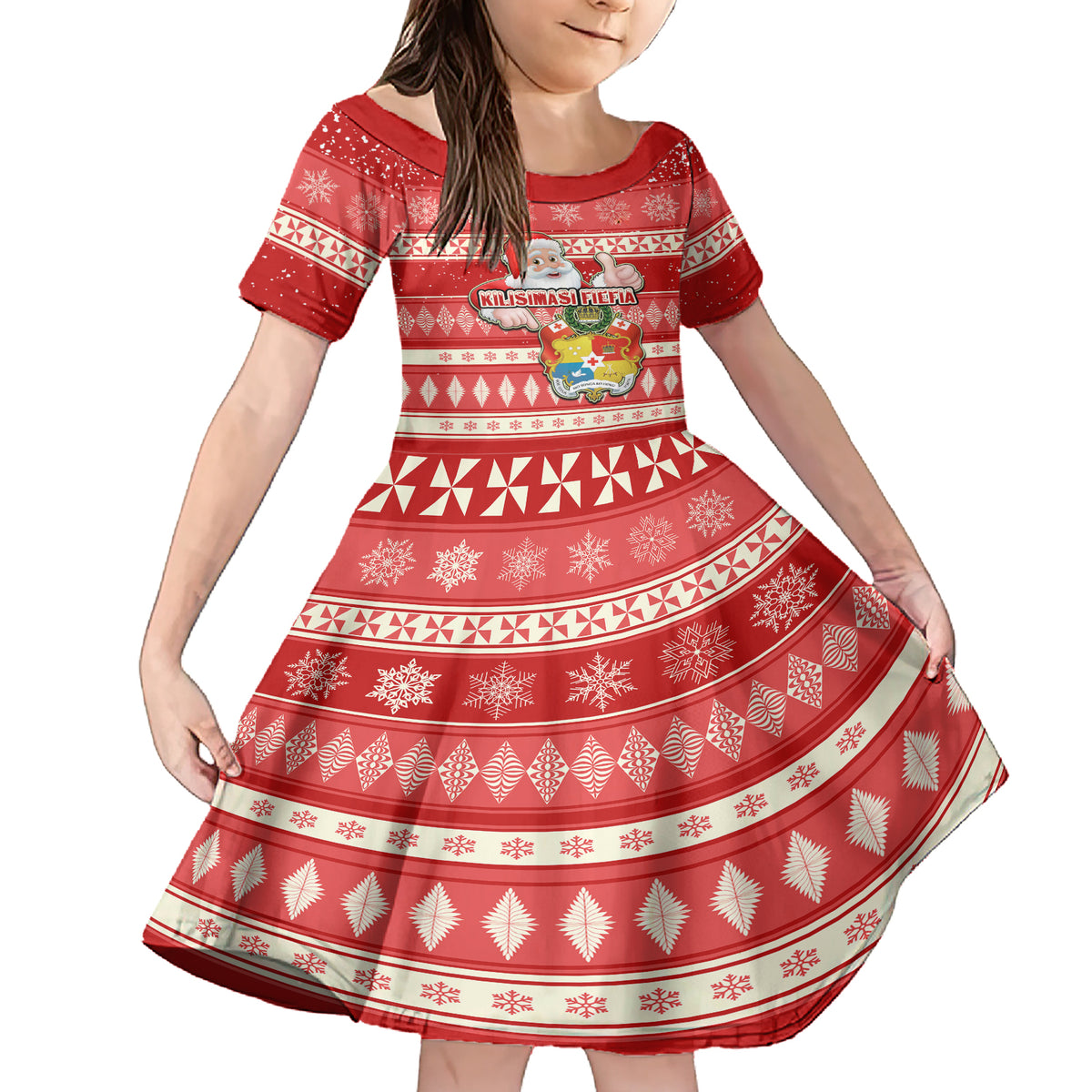 Custom Tonga Christmas Family Matching Short Sleeve Bodycon Dress and Hawaiian Shirt The Santa Coat of Arms with Ngatu and Snow Pattern LT03 Daughter's Dress Red - Polynesian Pride