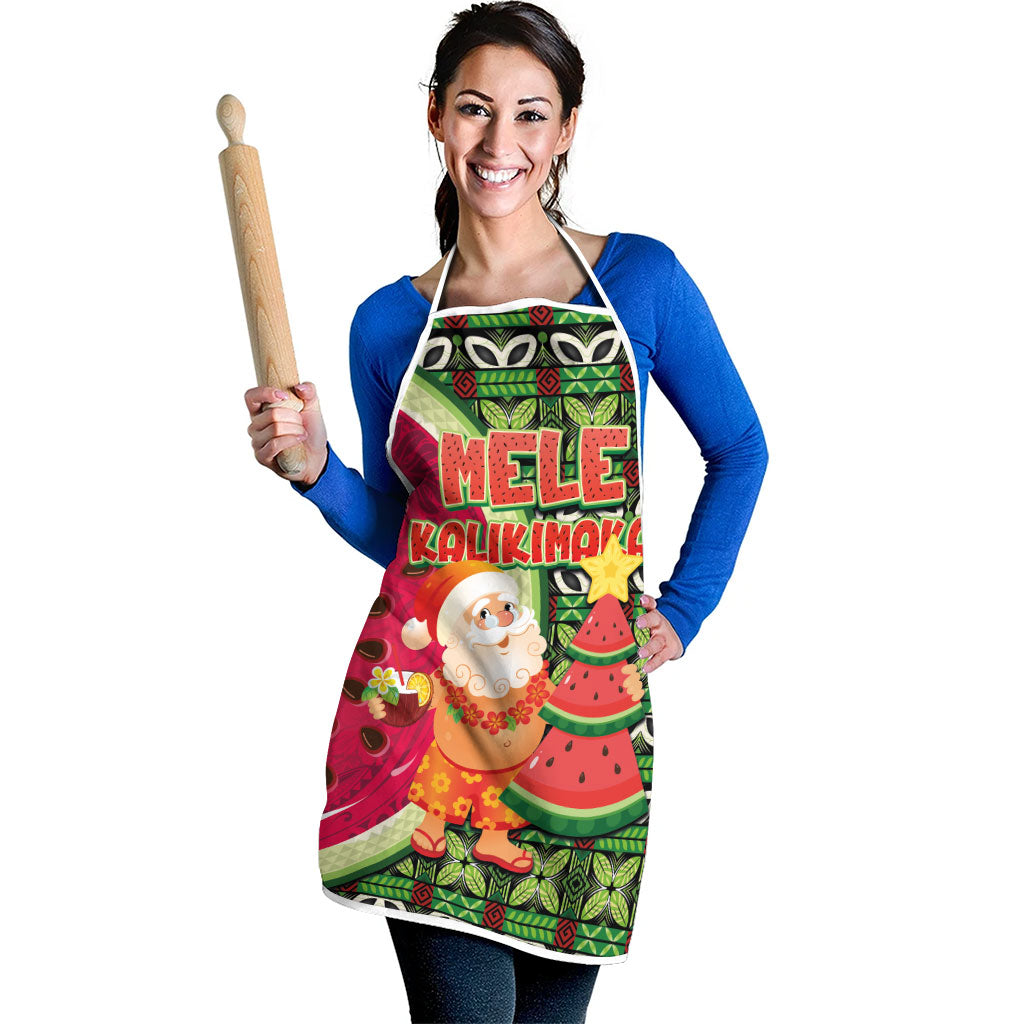 Hawaii Watermelon Mele Kalikimaka Apron Tribal Pacific Pattern with Tropical Funny Santa Claus LT03 - Polynesian Pride