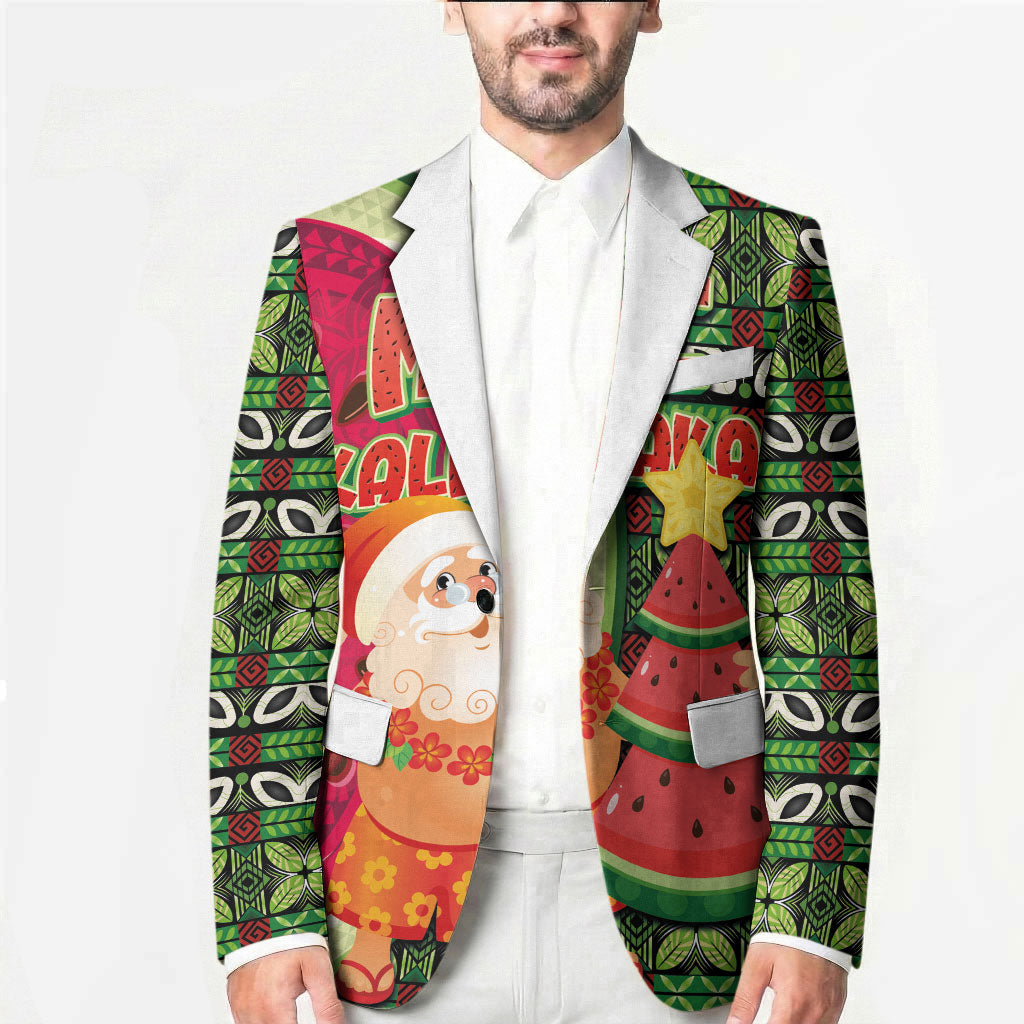 Hawaii Watermelon Mele Kalikimaka Blazer Tribal Pacific Pattern with Tropical Funny Santa Claus LT03 - Polynesian Pride