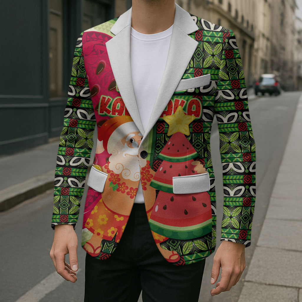 Hawaii Watermelon Mele Kalikimaka Blazer Tribal Pacific Pattern with Tropical Funny Santa Claus LT03 - Polynesian Pride