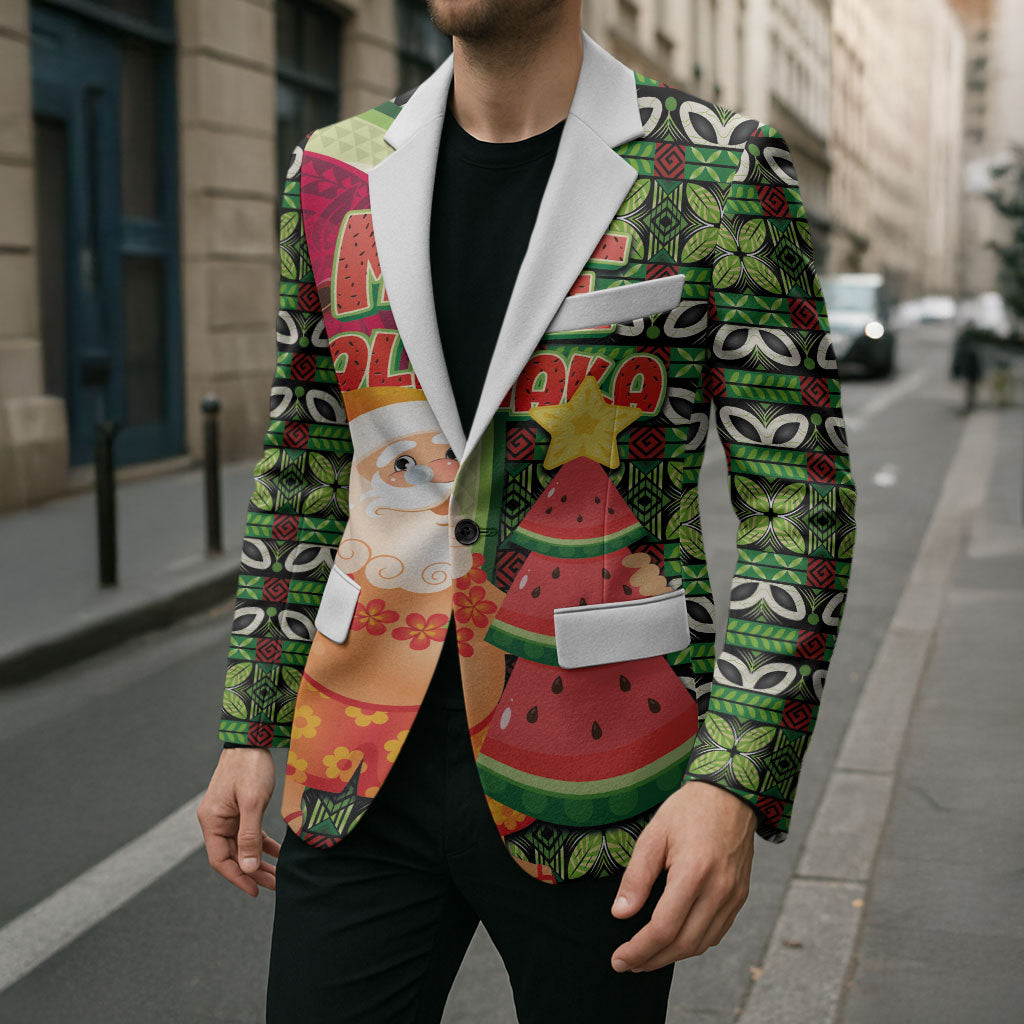 Hawaii Watermelon Mele Kalikimaka Blazer Tribal Pacific Pattern with Tropical Funny Santa Claus LT03 - Polynesian Pride