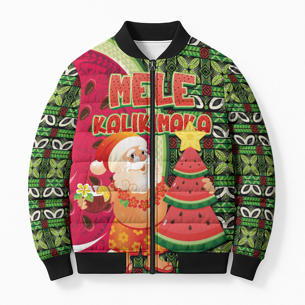 Hawaii Watermelon Mele Kalikimaka Bomber Puffer Jacket Tribal Pacific Pattern with Tropical Funny Santa Claus LT03 Unisex Multicolor - Polynesian Pride