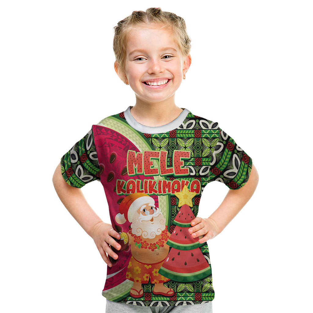 Hawaii Watermelon Mele Kalikimaka Kid T Shirt Tribal Pacific Pattern with Tropical Funny Santa Claus