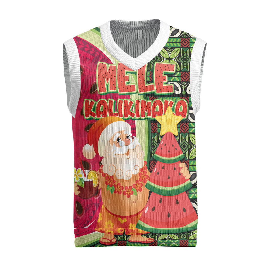 Hawaii Watermelon Mele Kalikimaka Christmas Knitted V-Neck Vest Tribal Pacific Pattern with Tropical Funny Santa Claus LT03 Multicolor - Polynesian Pride