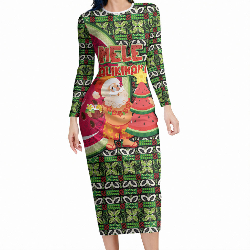 Hawaii Watermelon Mele Kalikimaka Long Sleeve Bodycon Dress Tribal Pacific Pattern with Tropical Funny Santa Claus LT03 Long Dress Multicolor - Polynesian Pride