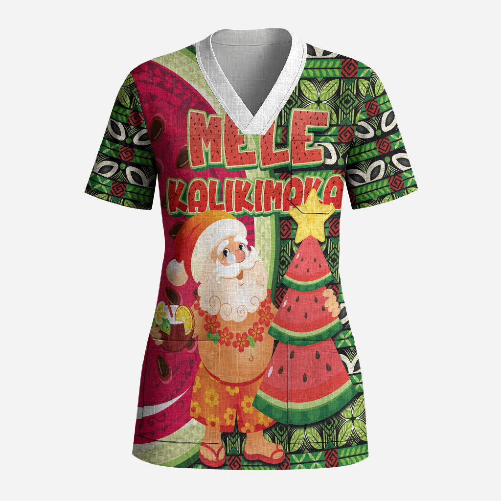 Hawaii Watermelon Mele Kalikimaka Scrub Top Tribal Pacific Pattern with Tropical Funny Santa Claus LT03 Adult Multicolor - Polynesian Pride