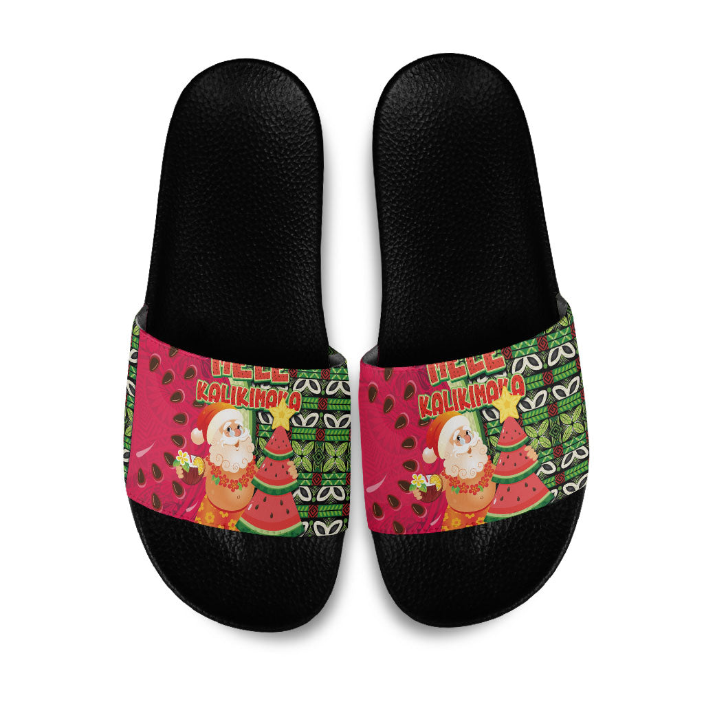 Hawaii Watermelon Mele Kalikimaka Slide Sandals Tribal Pacific Pattern with Tropical Funny Santa Claus LT03 Multicolor - Polynesian Pride