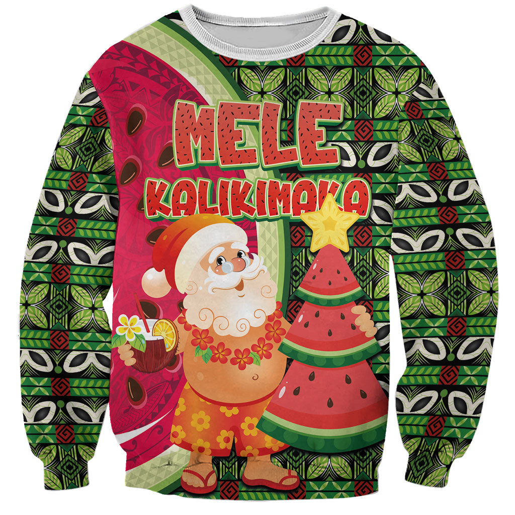 Hawaii Watermelon Mele Kalikimaka Sweatshirt Tribal Pacific Pattern with Tropical Funny Santa Claus LT03 Unisex Multicolor - Polynesian Pride
