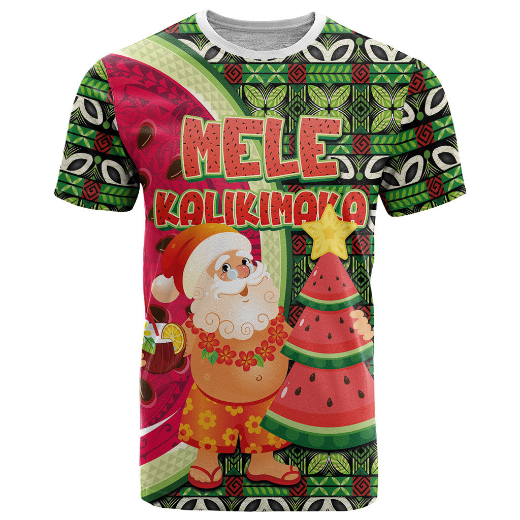 Hawaii Watermelon Mele Kalikimaka T Shirt Tribal Pacific Pattern with Tropical Funny Santa Claus