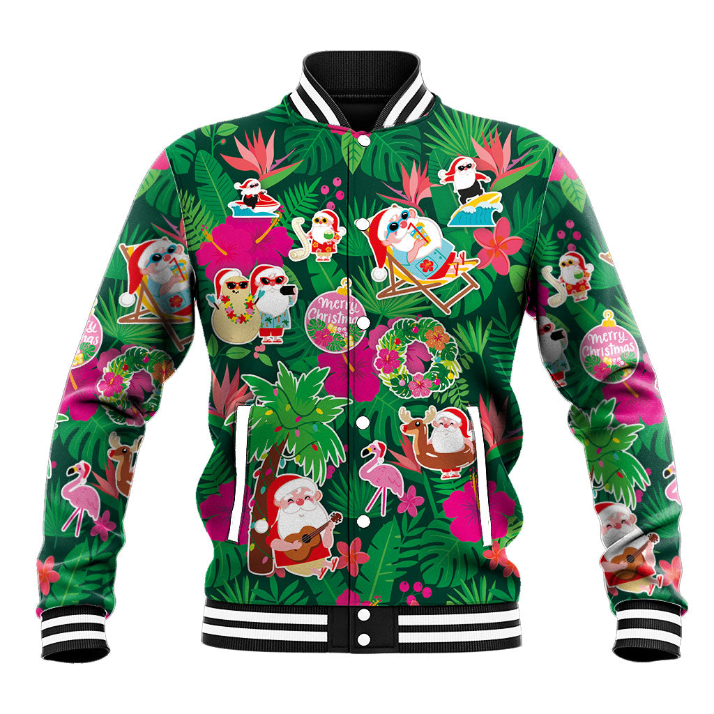 Hawaii Mele Kalikimaka Baseball Jacket Tropical Plants with Santa Claus LT03 Unisex Multicolor - Polynesian Pride