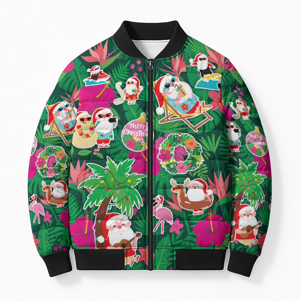 Hawaii Mele Kalikimaka Bomber Puffer Jacket Tropical Plants with Santa Claus LT03 Unisex Multicolor - Polynesian Pride