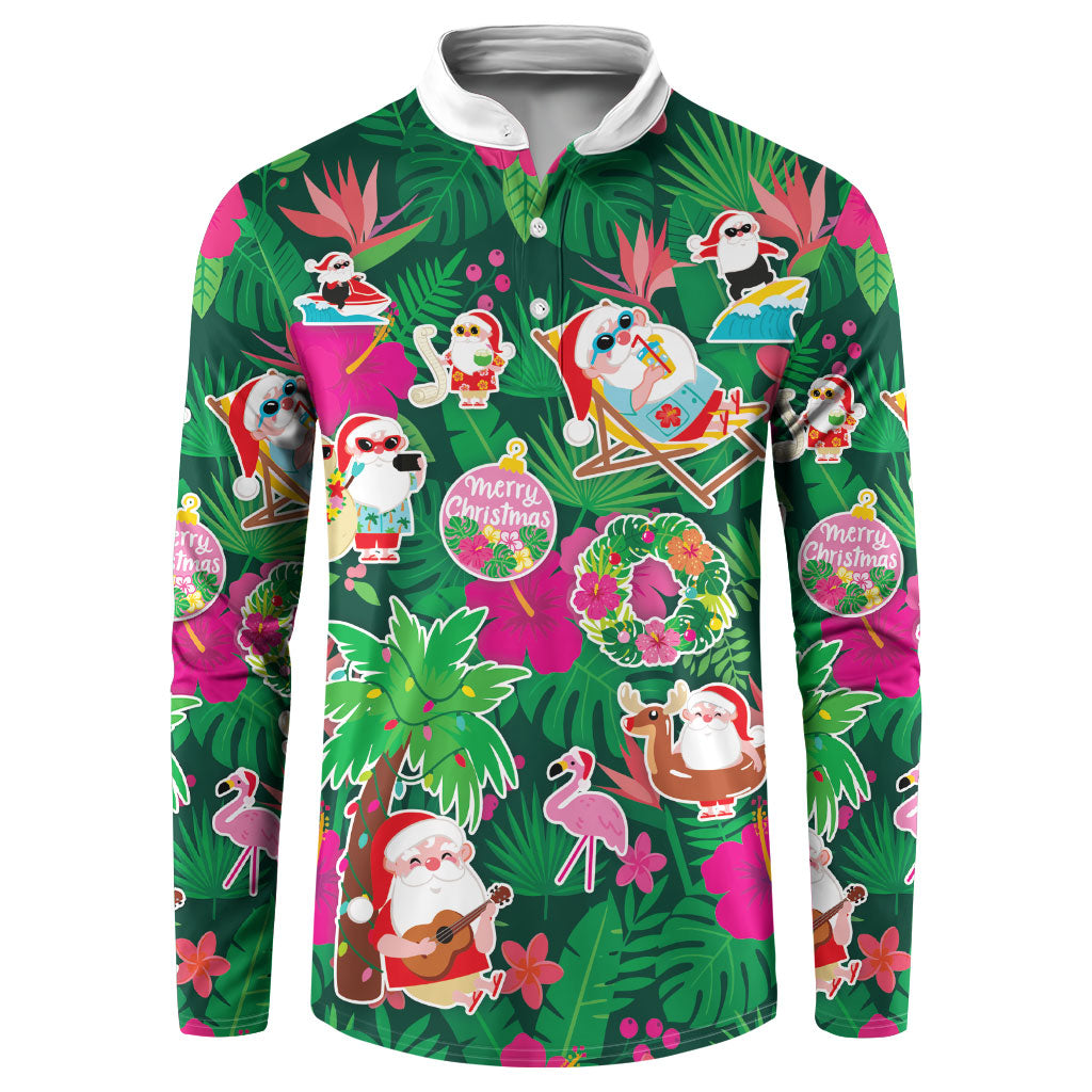 Hawaii Mele Kalikimaka Button Sweatshirt Tropical Plants with Santa Claus LT03 Multicolor - Polynesian Pride