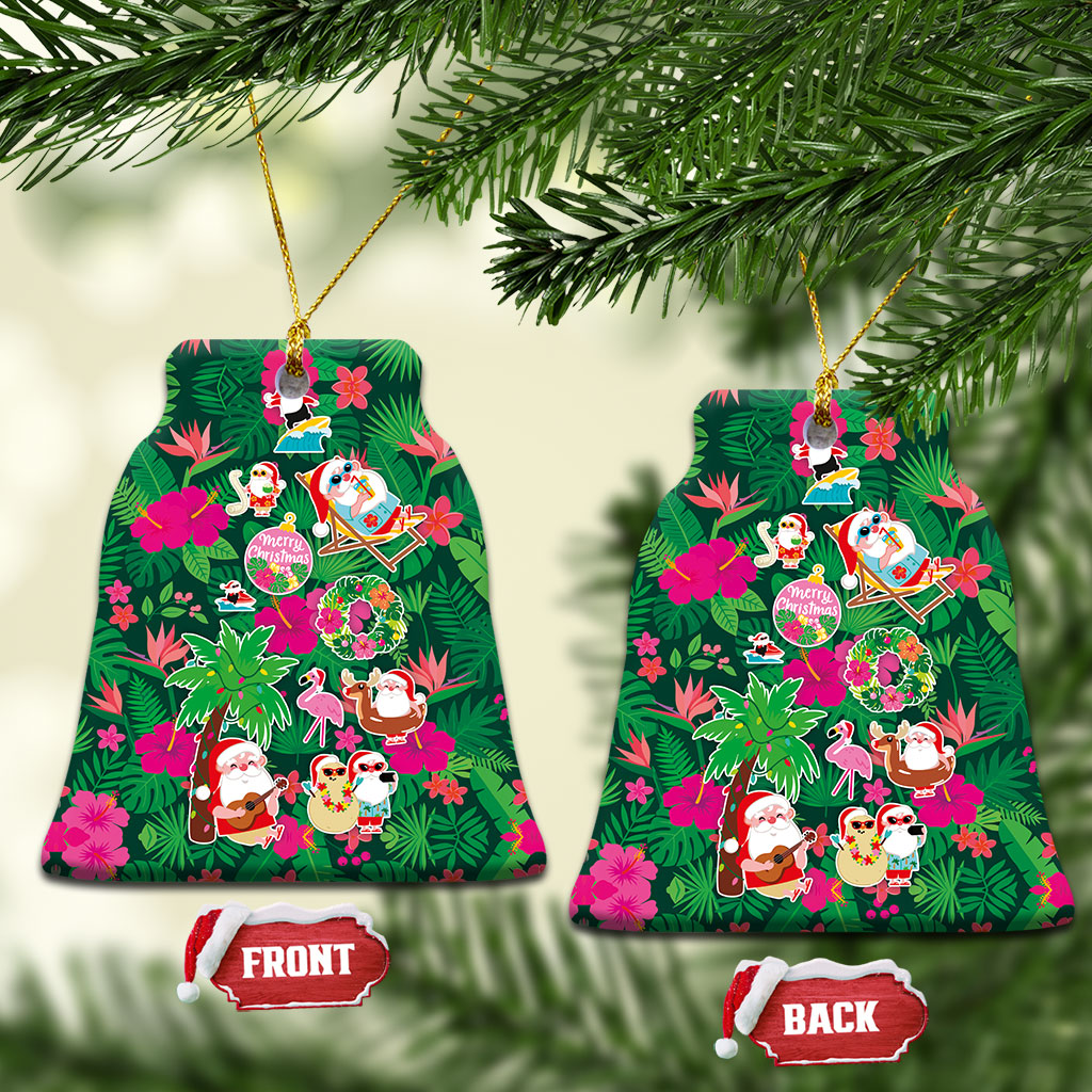 Hawaii Mele Kalikimaka Ceramic Ornament Tropical Plants with Santa Claus LT03 Bell Flake Multicolor - Polynesian Pride