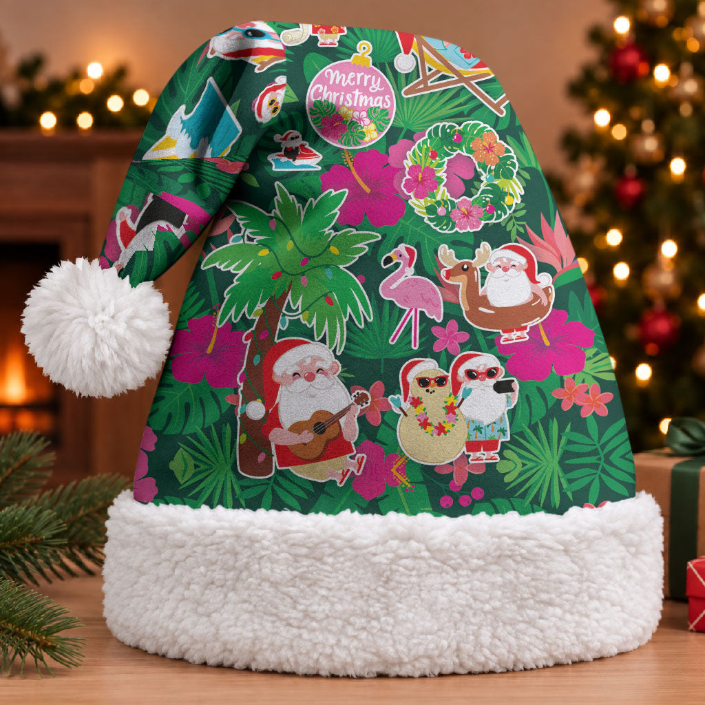 Hawaii Mele Kalikimaka Christmas Santa Hat Tropical Plants with Santa Claus LT03 With Fur Multicolor - Polynesian Pride
