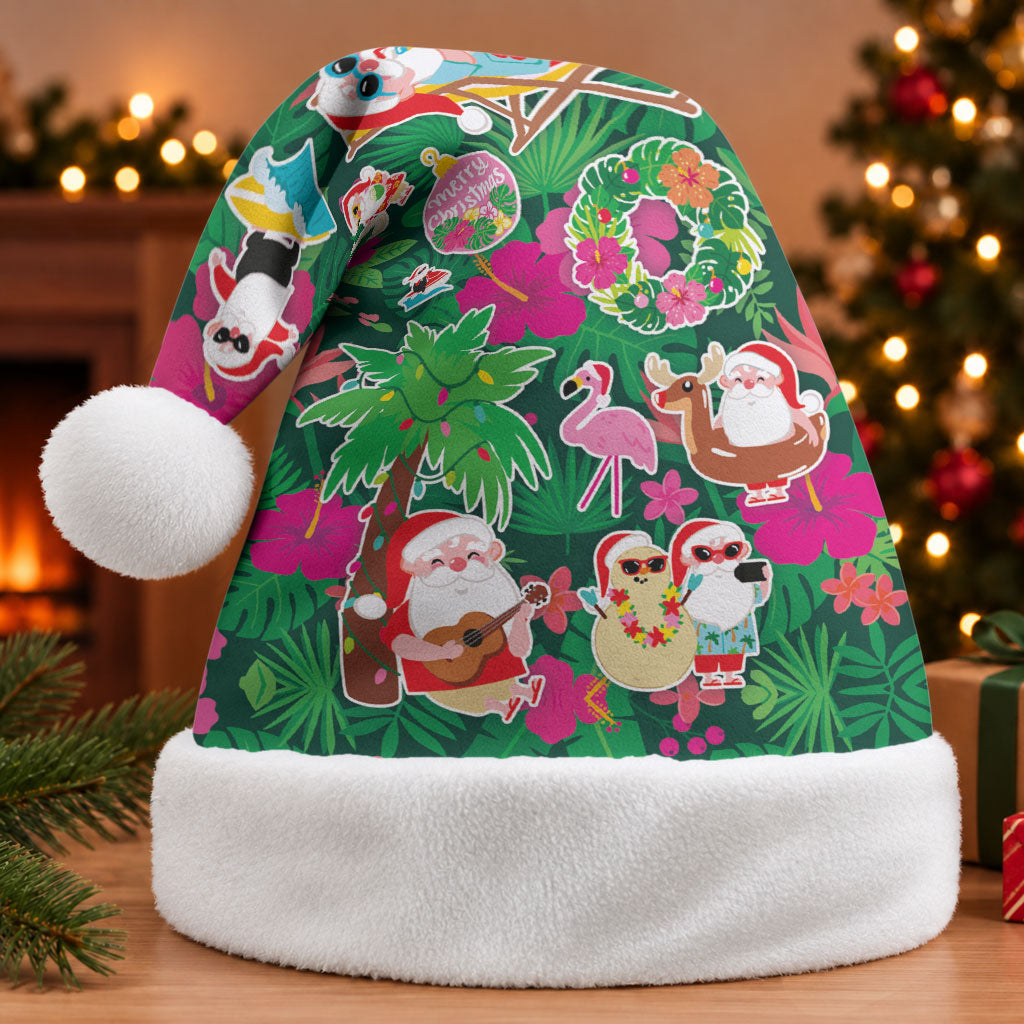 Hawaii Mele Kalikimaka Christmas Santa Hat Tropical Plants with Santa Claus LT03 Without Fur Multicolor - Polynesian Pride