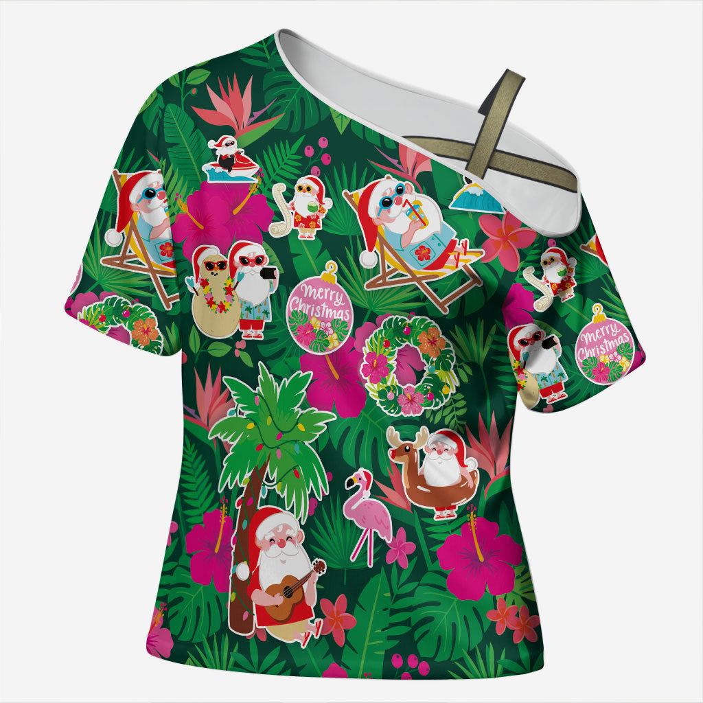 Hawaii Mele Kalikimaka Cross Shoulder Shirt Tropical Plants with Santa Claus LT03 Female Multicolor - Polynesian Pride