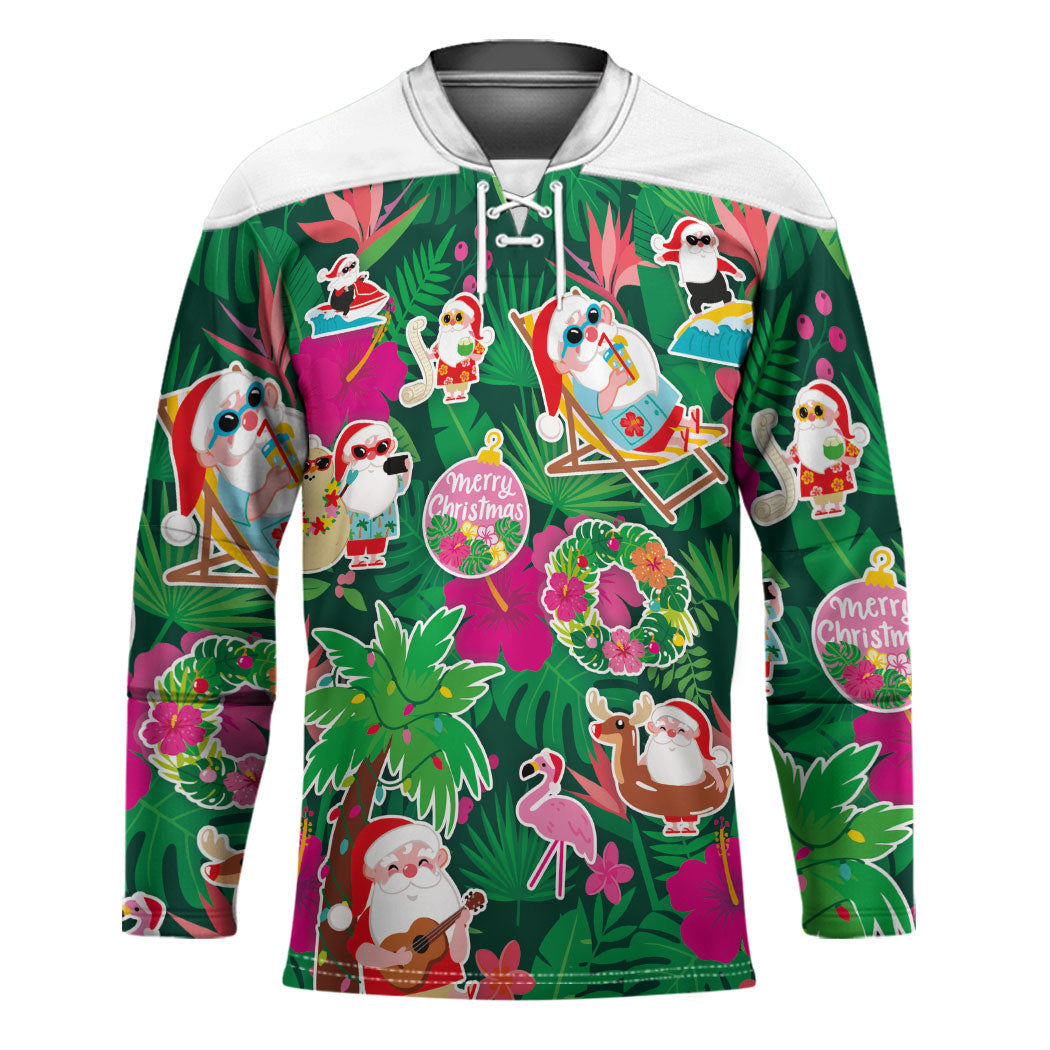 Hawaii Mele Kalikimaka Hockey Jersey Tropical Plants with Santa Claus LT03 Unisex Multicolor - Polynesian Pride