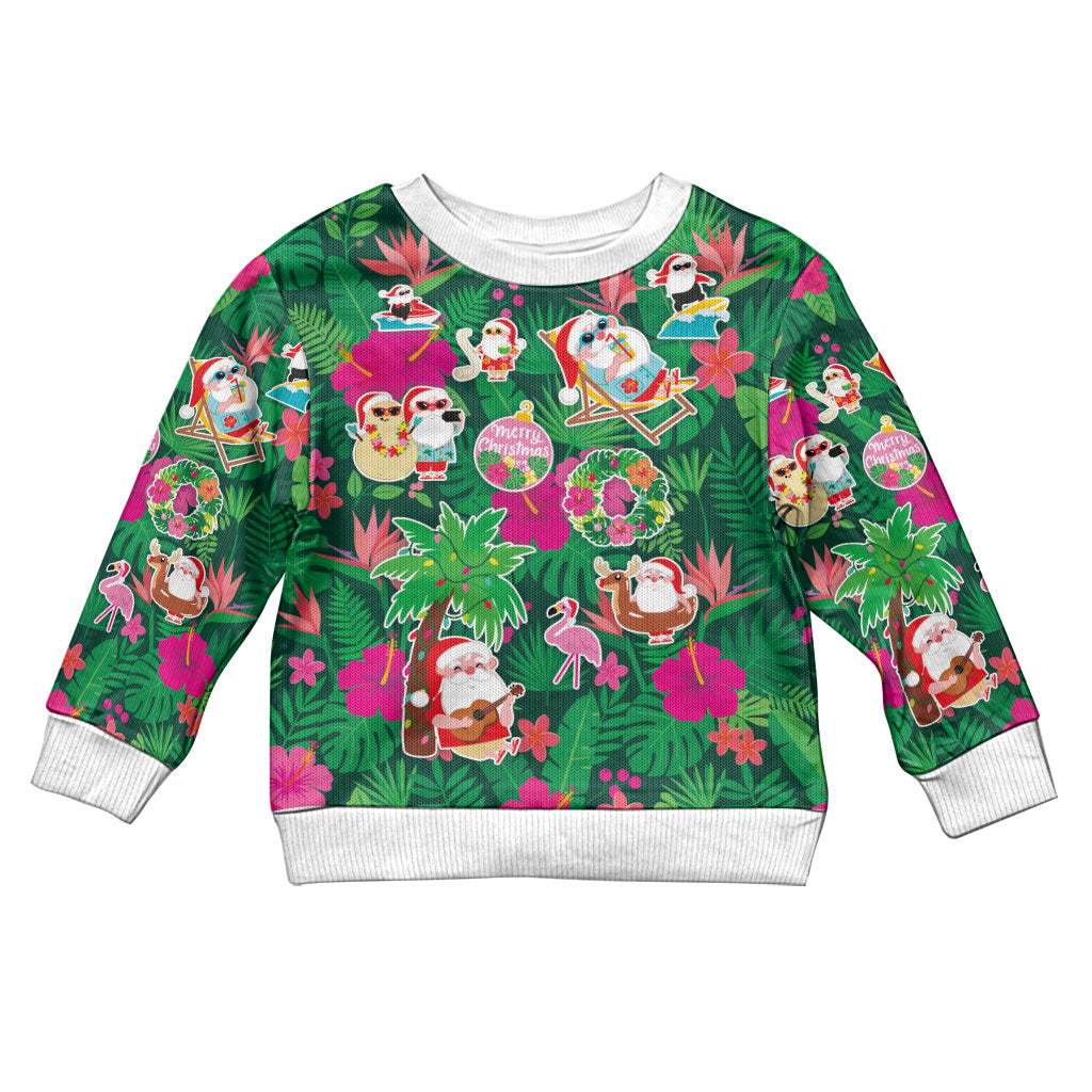 Hawaii Mele Kalikimaka Kid Ugly Christmas Sweater Tropical Plants with Santa Claus LT03 Kid Multicolor - Polynesian Pride