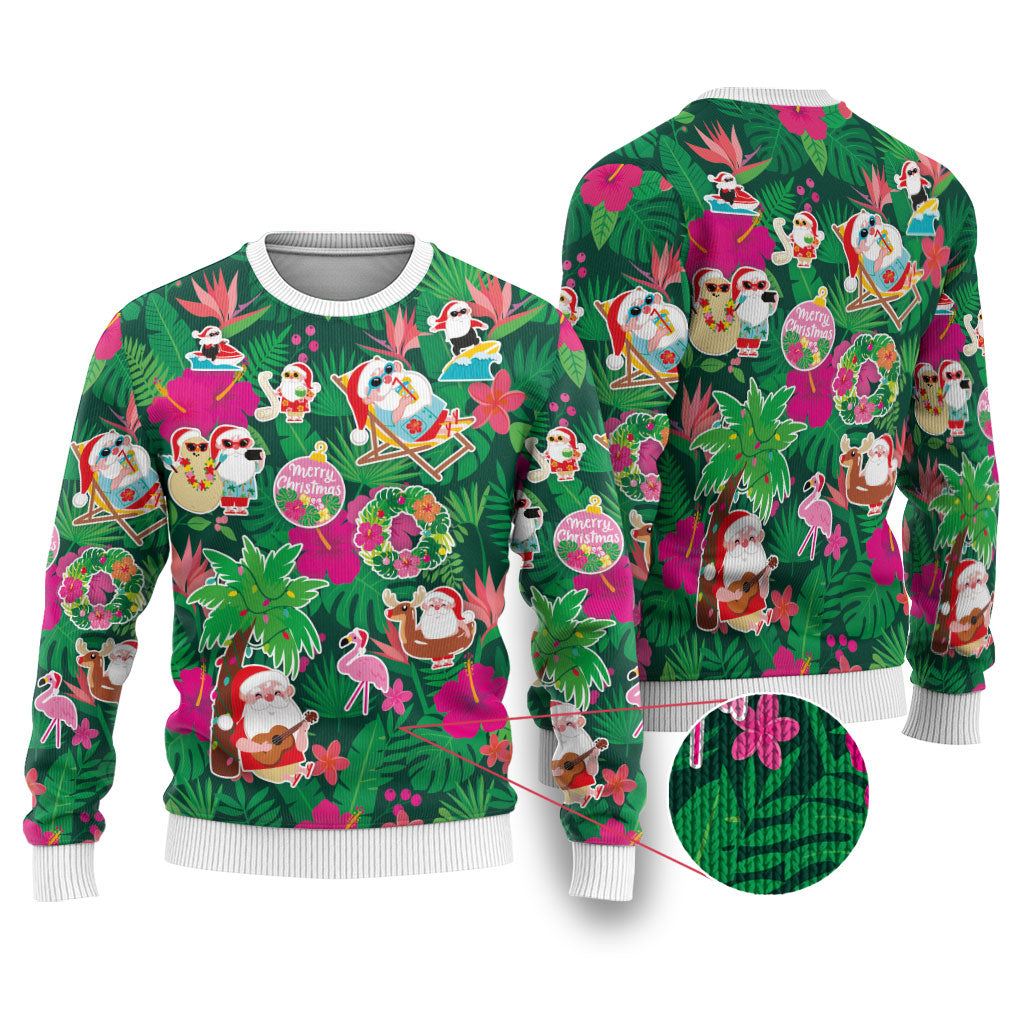 Hawaii Mele Kalikimaka Ugly Christmas Sweater Tropical Plants with Santa Claus