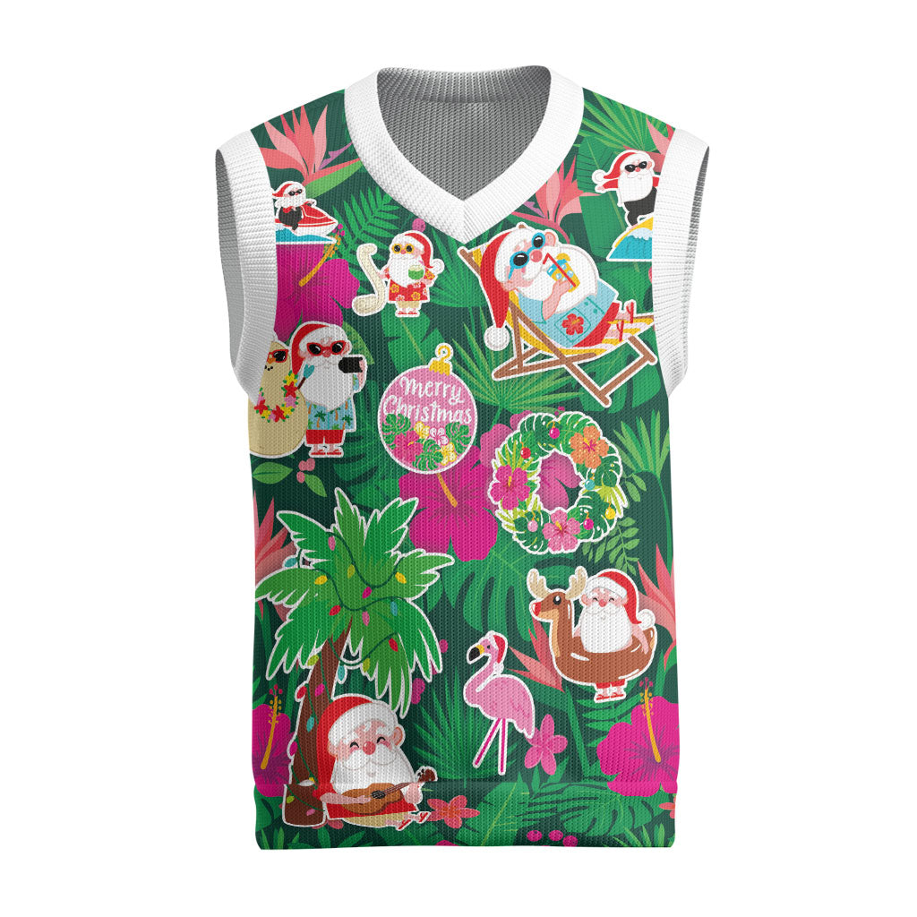 Hawaii Mele Kalikimaka Christmas Knitted V-Neck Vest Tropical Plants with Santa Claus LT03 Multicolor - Polynesian Pride