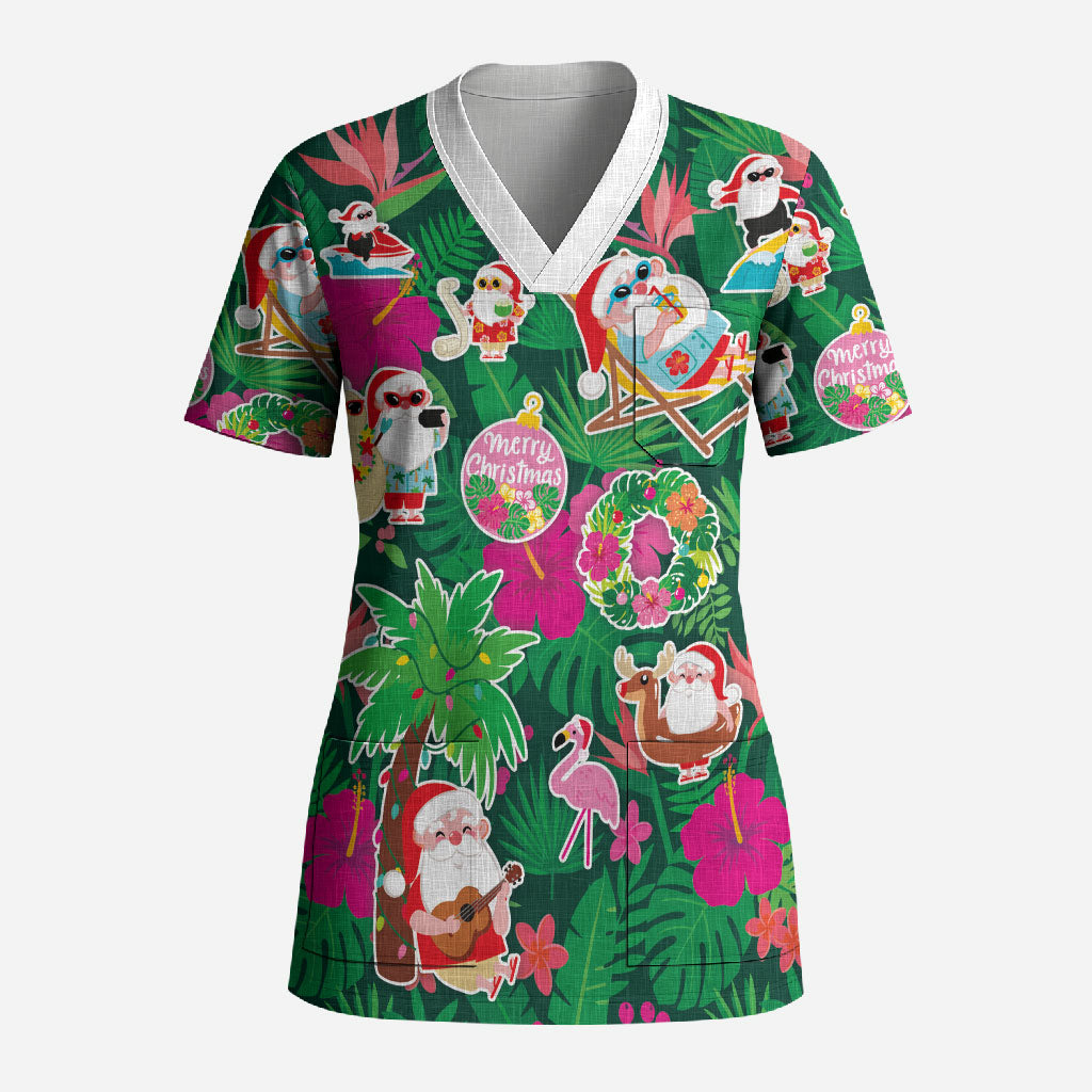 Hawaii Mele Kalikimaka Scrub Top Tropical Plants with Santa Claus LT03 Adult Multicolor - Polynesian Pride