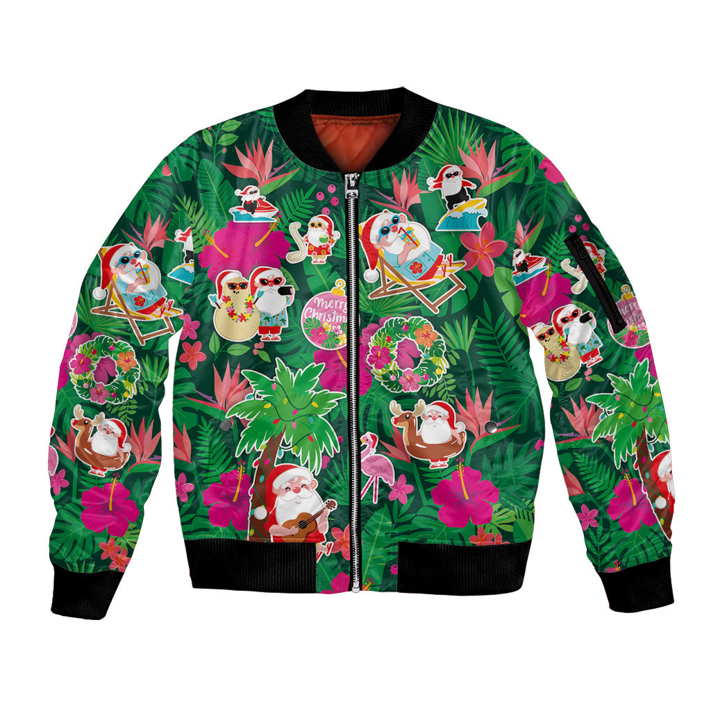 Hawaii Mele Kalikimaka Sleeve Zip Bomber Jacket Tropical Plants with Santa Claus LT03 Unisex Multicolor - Polynesian Pride