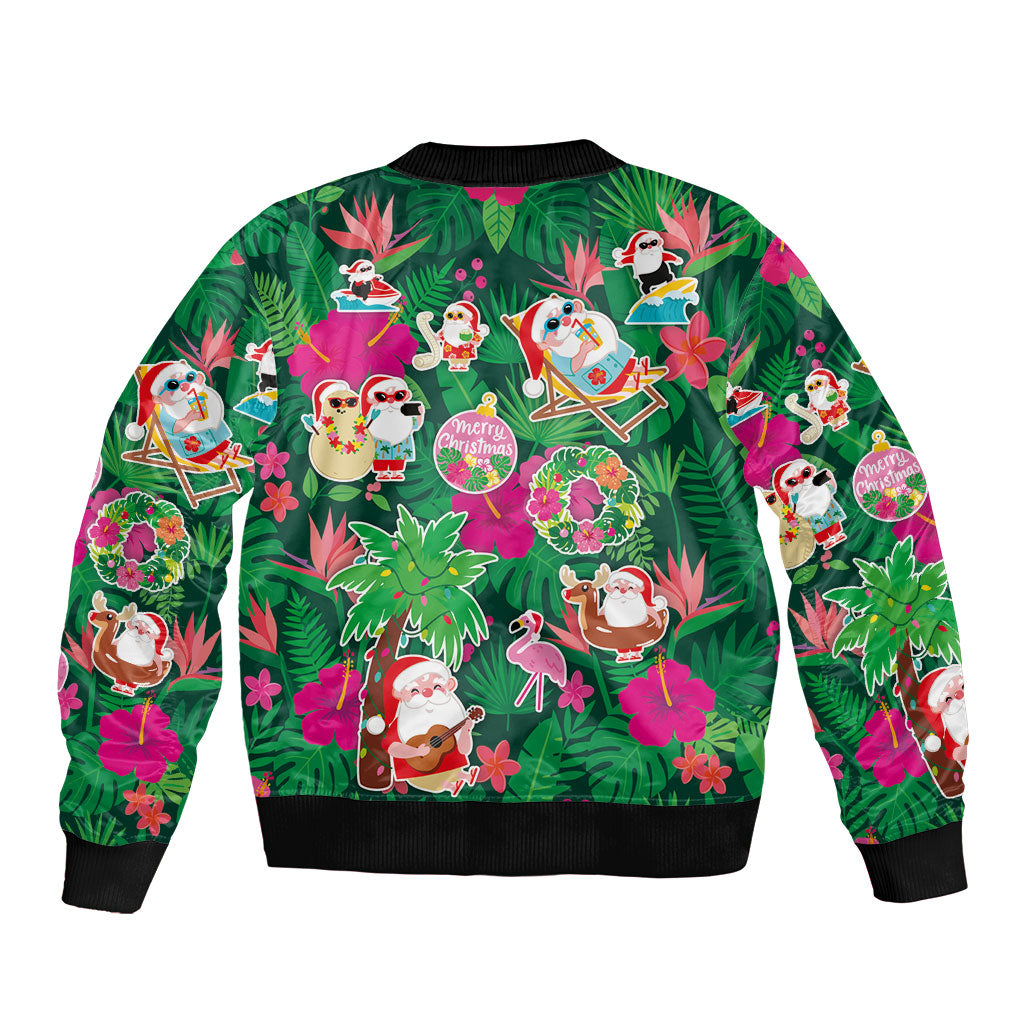Hawaii Mele Kalikimaka Sleeve Zip Bomber Jacket Tropical Plants with Santa Claus LT03 - Polynesian Pride
