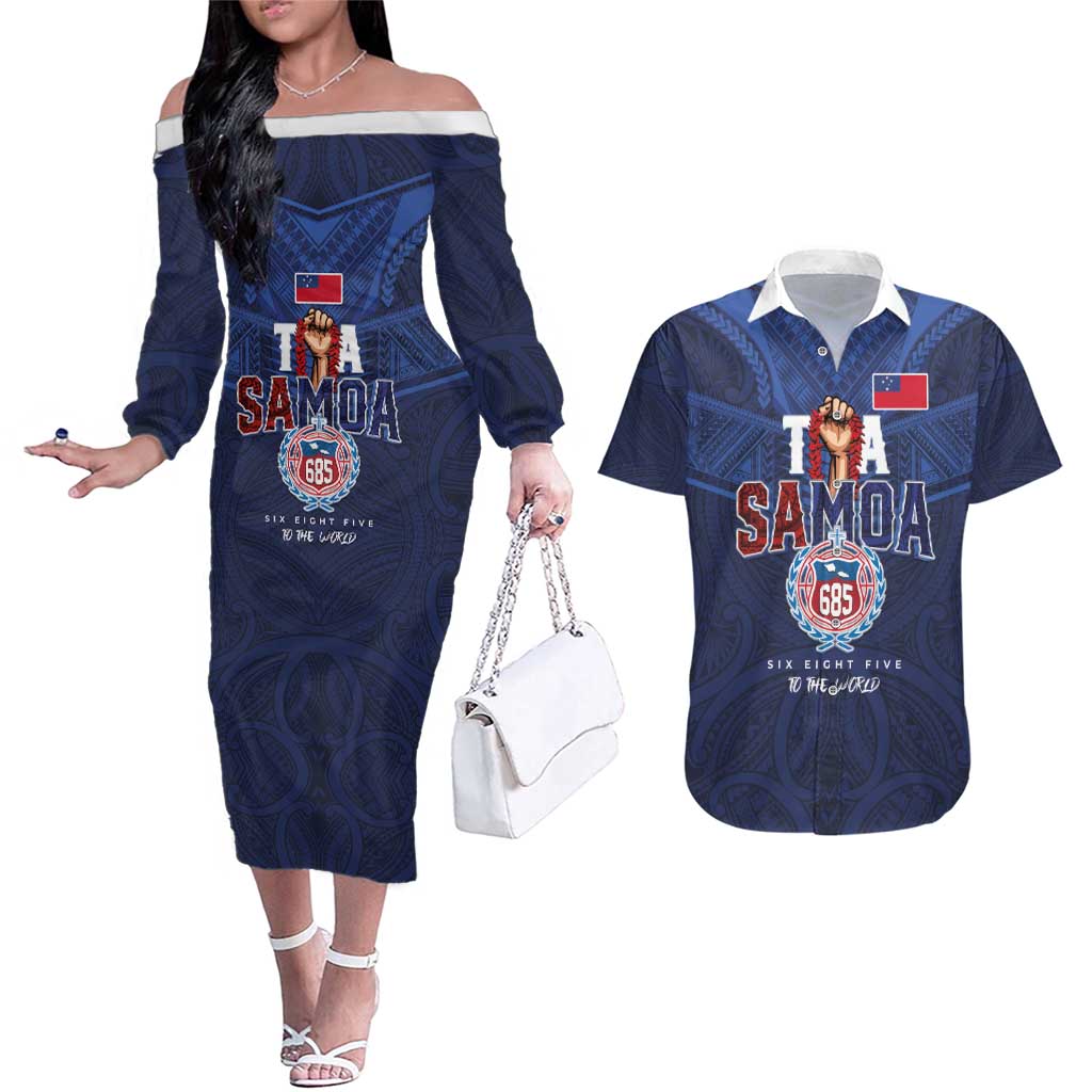Custom Rugby Toa Samoa Couples Matching Off The Shoulder Long Sleeve Dress and Hawaiian Shirt Champions Six Eight Five - Polynesian Pride