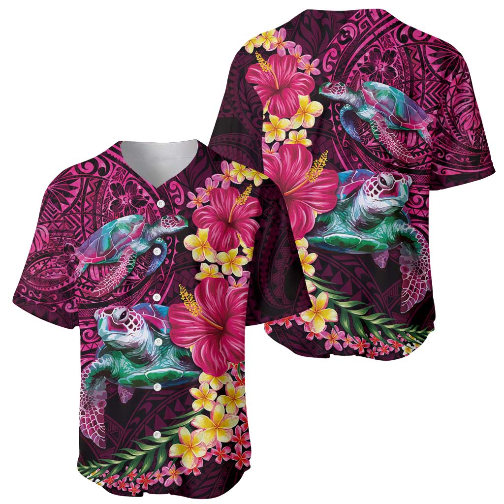 Hawaiian Plumeria and Hibiscus with Turtles Baseball Jersey Polynesian Art Red Color - Polynesian Pride