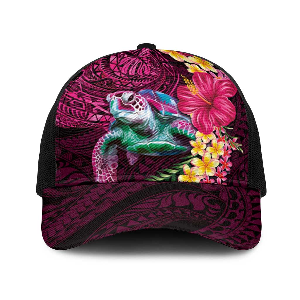 Hawaiian Plumeria and Hibiscus with Turtles Baseball Net Cap Polynesian Art Red Color LT03 One Size Black Red - Polynesian Pride