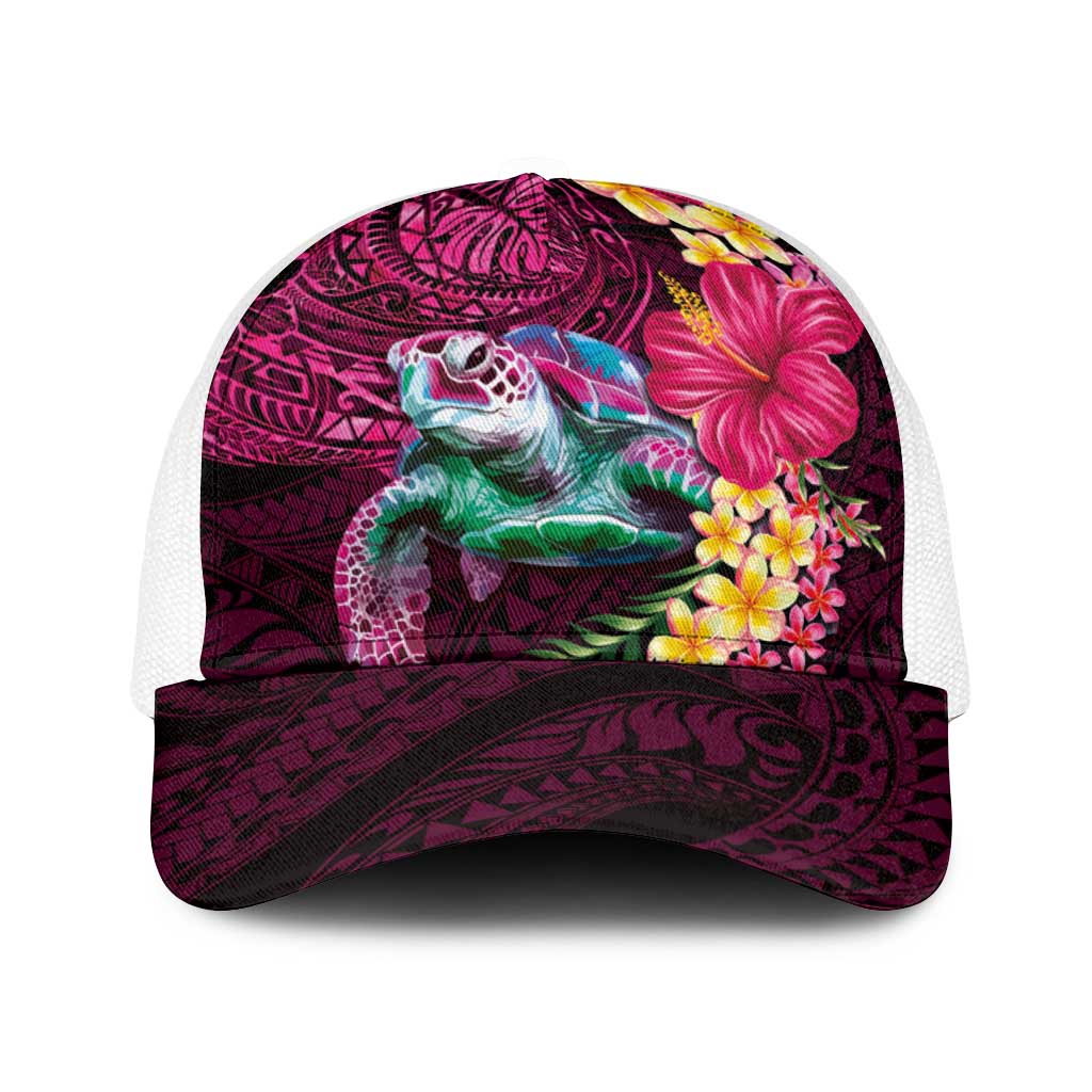 Hawaiian Plumeria and Hibiscus with Turtles Baseball Net Cap Polynesian Art Red Color LT03 One Size White Red - Polynesian Pride