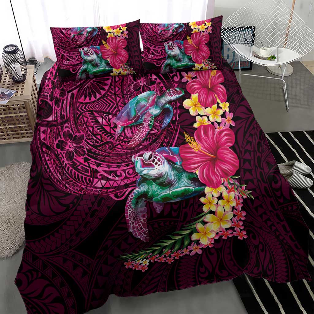 Hawaiian Plumeria and Hibiscus with Turtles Bedding Set Polynesian Art Red Color - Polynesian Pride