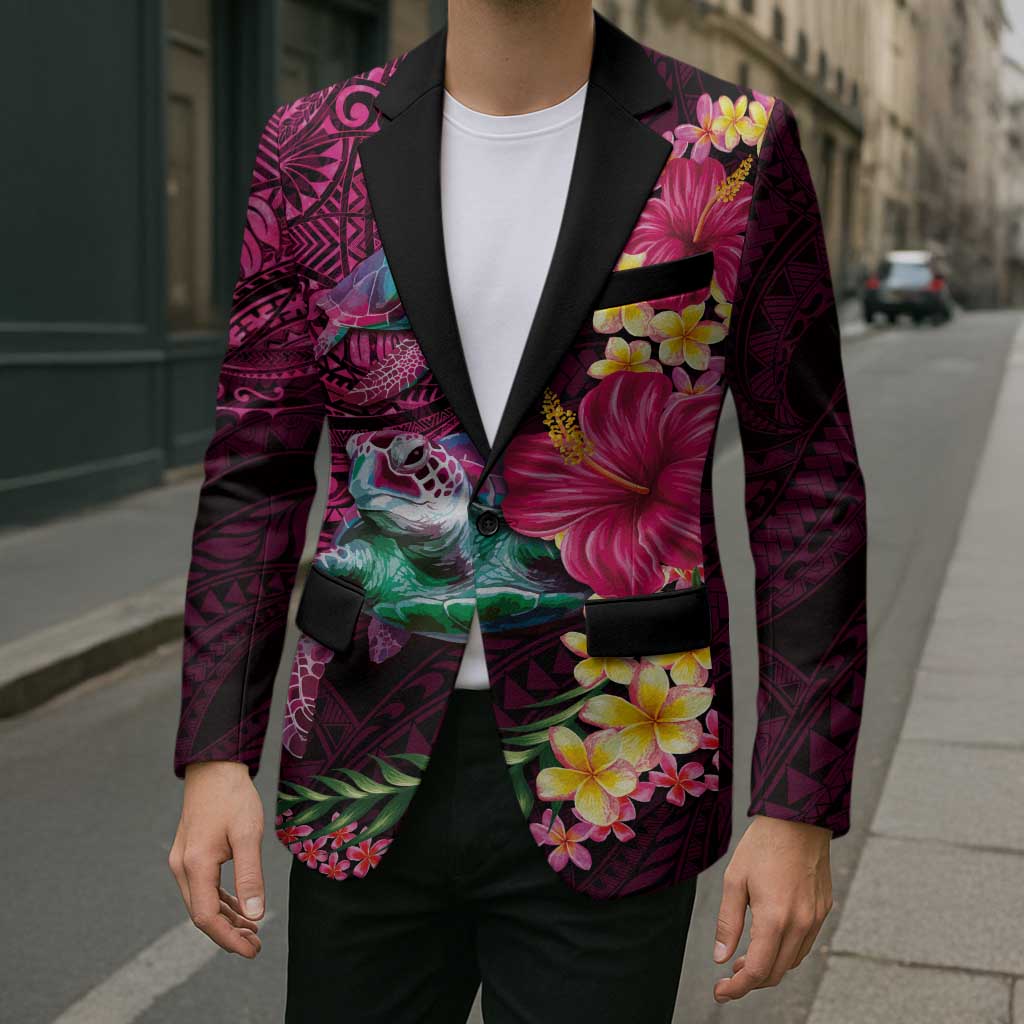 Hawaiian Plumeria and Hibiscus with Turtles Blazer Polynesian Art Red Color - Polynesian Pride