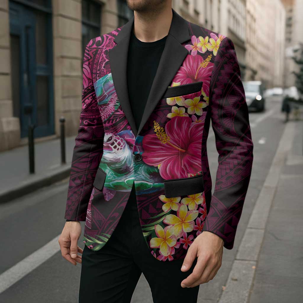 Hawaiian Plumeria and Hibiscus with Turtles Blazer Polynesian Art Red Color - Polynesian Pride