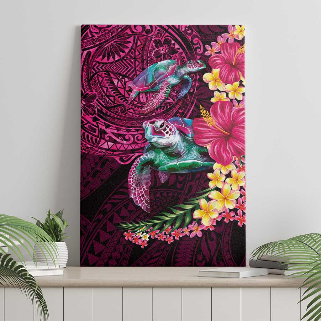 Hawaiian Plumeria and Hibiscus with Turtles Canvas Wall Art Polynesian Art Red Color - Polynesian Pride
