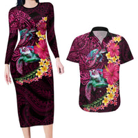 Hawaiian Plumeria and Hibiscus with Turtles Couples Matching Long Sleeve Bodycon Dress and Hawaiian Shirt Polynesian Art Red Color LT03 Red - Polynesian Pride
