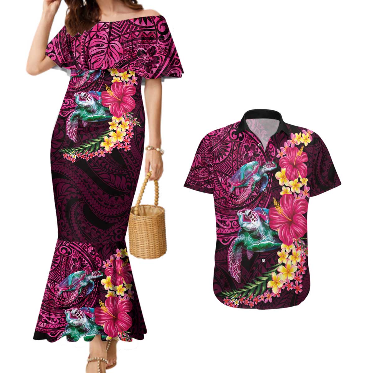 Hawaiian Plumeria and Hibiscus with Turtles Couples Matching Mermaid Dress and Hawaiian Shirt Polynesian Art Red Color LT03 Red - Polynesian Pride