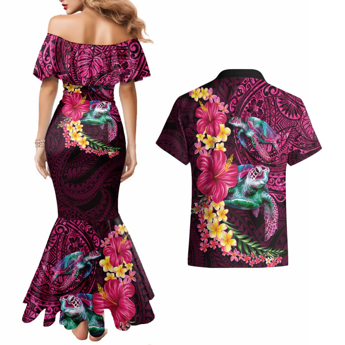 Hawaiian Plumeria and Hibiscus with Turtles Couples Matching Mermaid Dress and Hawaiian Shirt Polynesian Art Red Color LT03 - Polynesian Pride