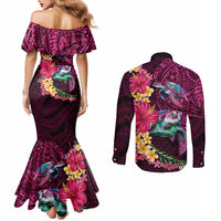 Hawaiian Plumeria and Hibiscus with Turtles Couples Matching Mermaid Dress and Long Sleeve Button Shirt Polynesian Art Red Color - Polynesian Pride