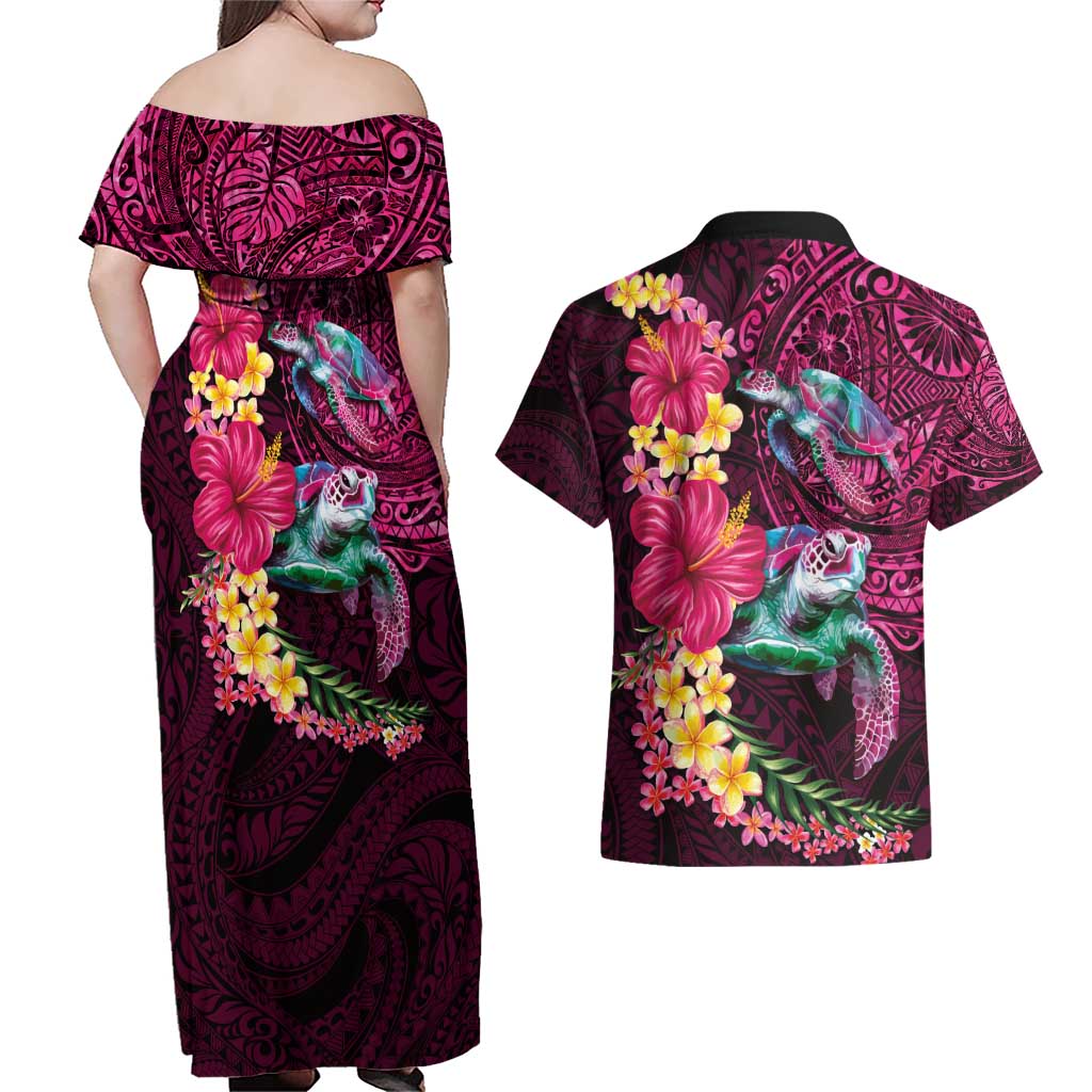 Hawaiian Plumeria and Hibiscus with Turtles Couples Matching Off Shoulder Maxi Dress and Hawaiian Shirt Polynesian Art Red Color LT03 - Polynesian Pride
