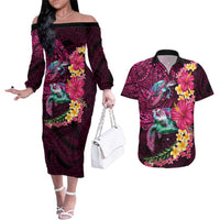Hawaiian Plumeria and Hibiscus with Turtles Couples Matching Off The Shoulder Long Sleeve Dress and Hawaiian Shirt Polynesian Art Red Color LT03 Red - Polynesian Pride