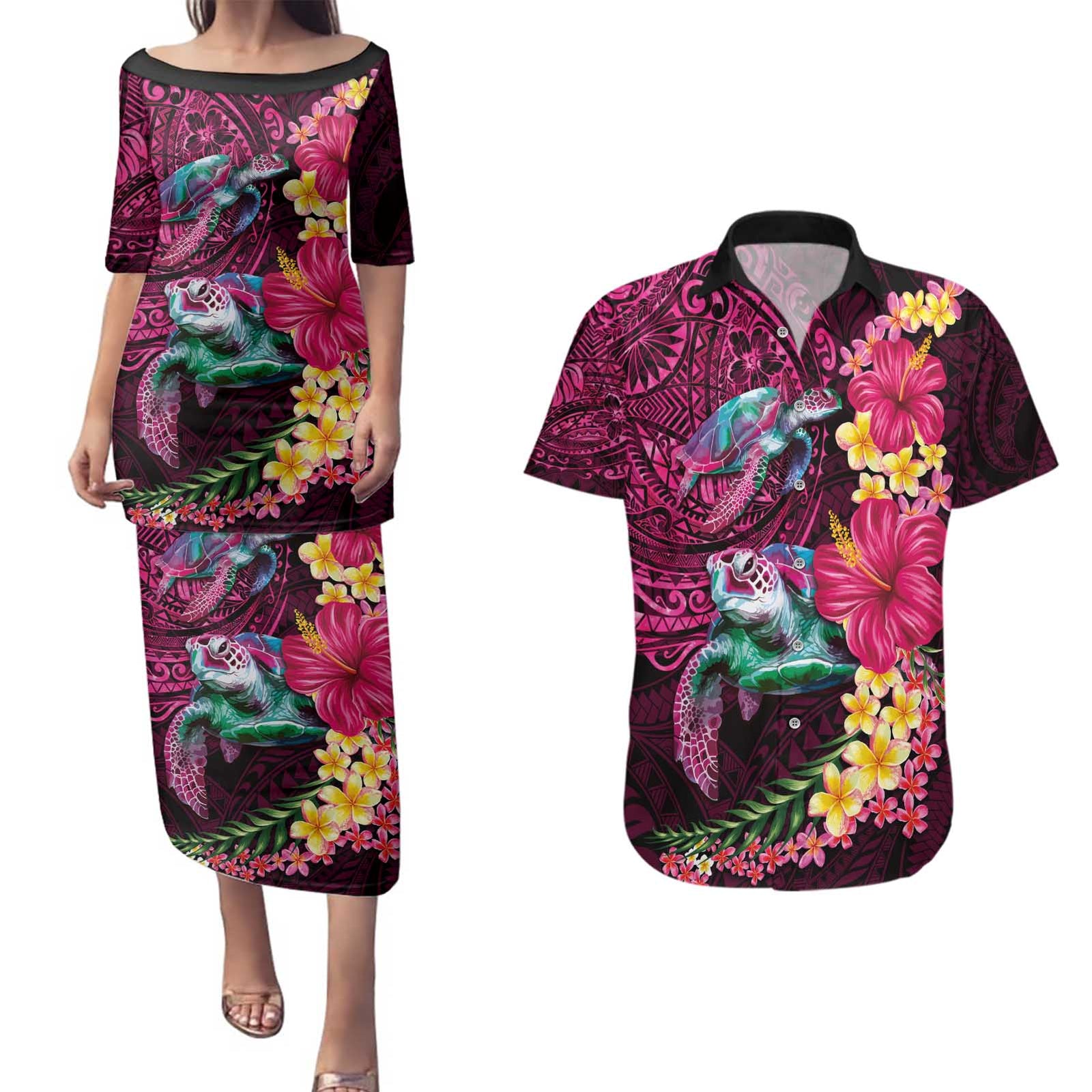 Hawaiian Plumeria and Hibiscus with Turtles Couples Matching Puletasi and Hawaiian Shirt Polynesian Art Red Color - Polynesian Pride