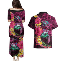 Hawaiian Plumeria and Hibiscus with Turtles Couples Matching Puletasi and Hawaiian Shirt Polynesian Art Red Color LT03 - Polynesian Pride