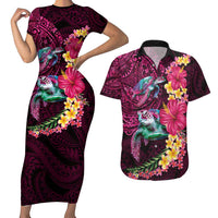 Hawaiian Plumeria and Hibiscus with Turtles Couples Matching Short Sleeve Bodycon Dress and Hawaiian Shirt Polynesian Art Red Color LT03 Red - Polynesian Pride