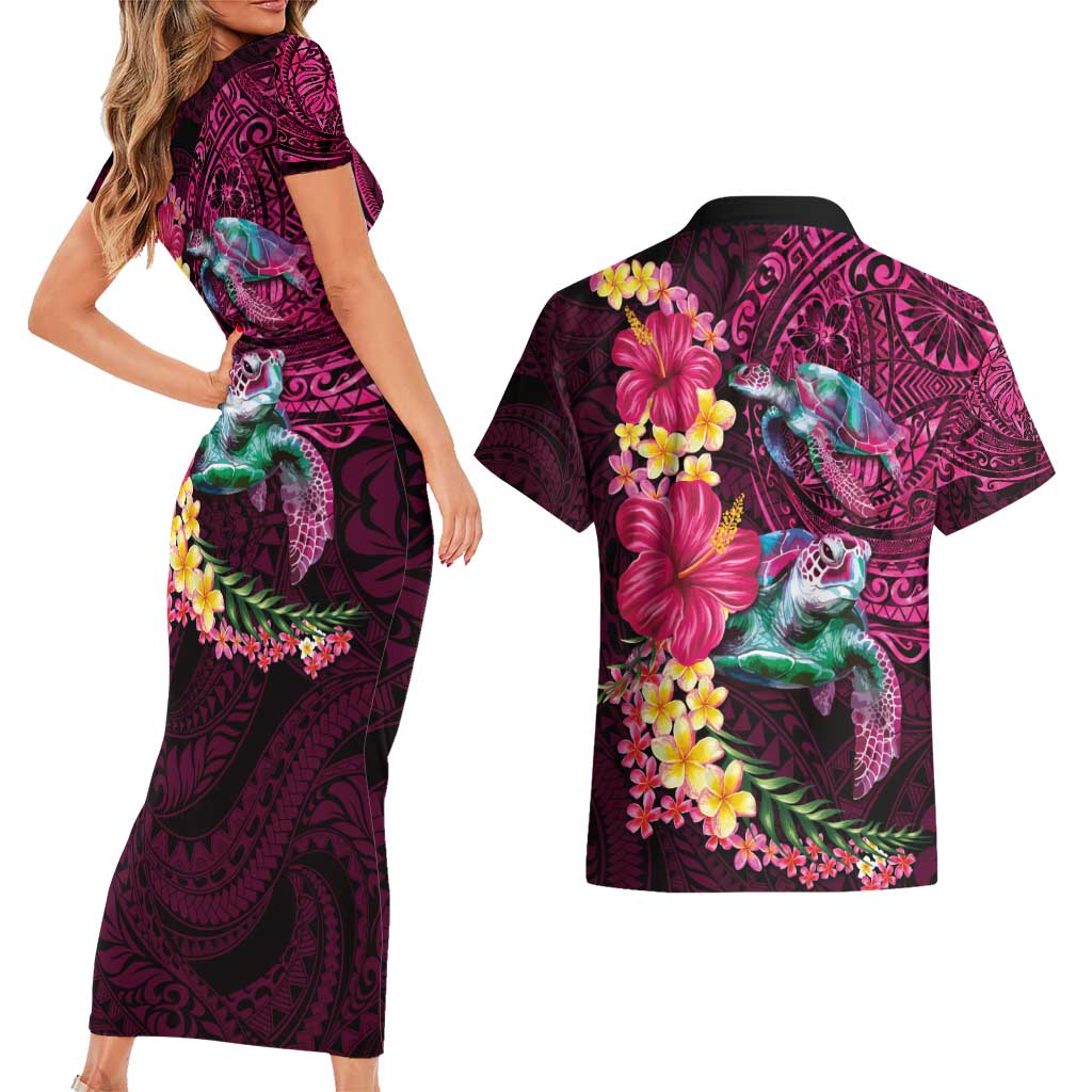 Hawaiian Plumeria and Hibiscus with Turtles Couples Matching Short Sleeve Bodycon Dress and Hawaiian Shirt Polynesian Art Red Color LT03 - Polynesian Pride