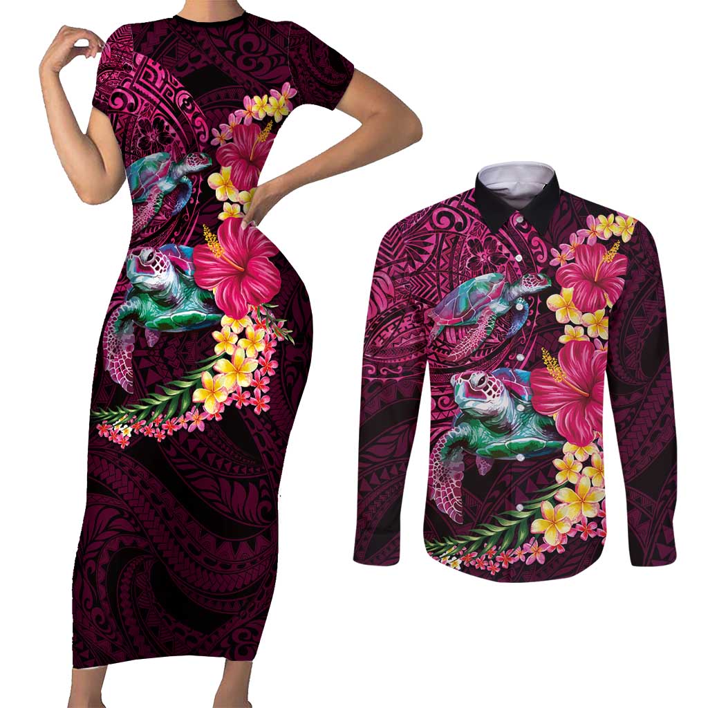 Hawaiian Plumeria and Hibiscus with Turtles Couples Matching Short Sleeve Bodycon Dress and Long Sleeve Button Shirt Polynesian Art Red Color - Polynesian Pride