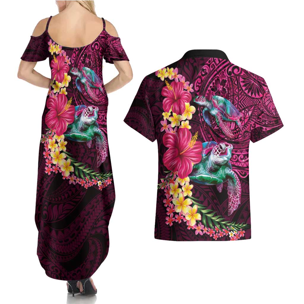 Hawaiian Plumeria and Hibiscus with Turtles Couples Matching Summer Maxi Dress and Hawaiian Shirt Polynesian Art Red Color LT03 - Polynesian Pride