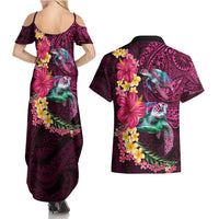 Hawaiian Plumeria and Hibiscus with Turtles Couples Matching Summer Maxi Dress and Hawaiian Shirt Polynesian Art Red Color LT03 - Polynesian Pride